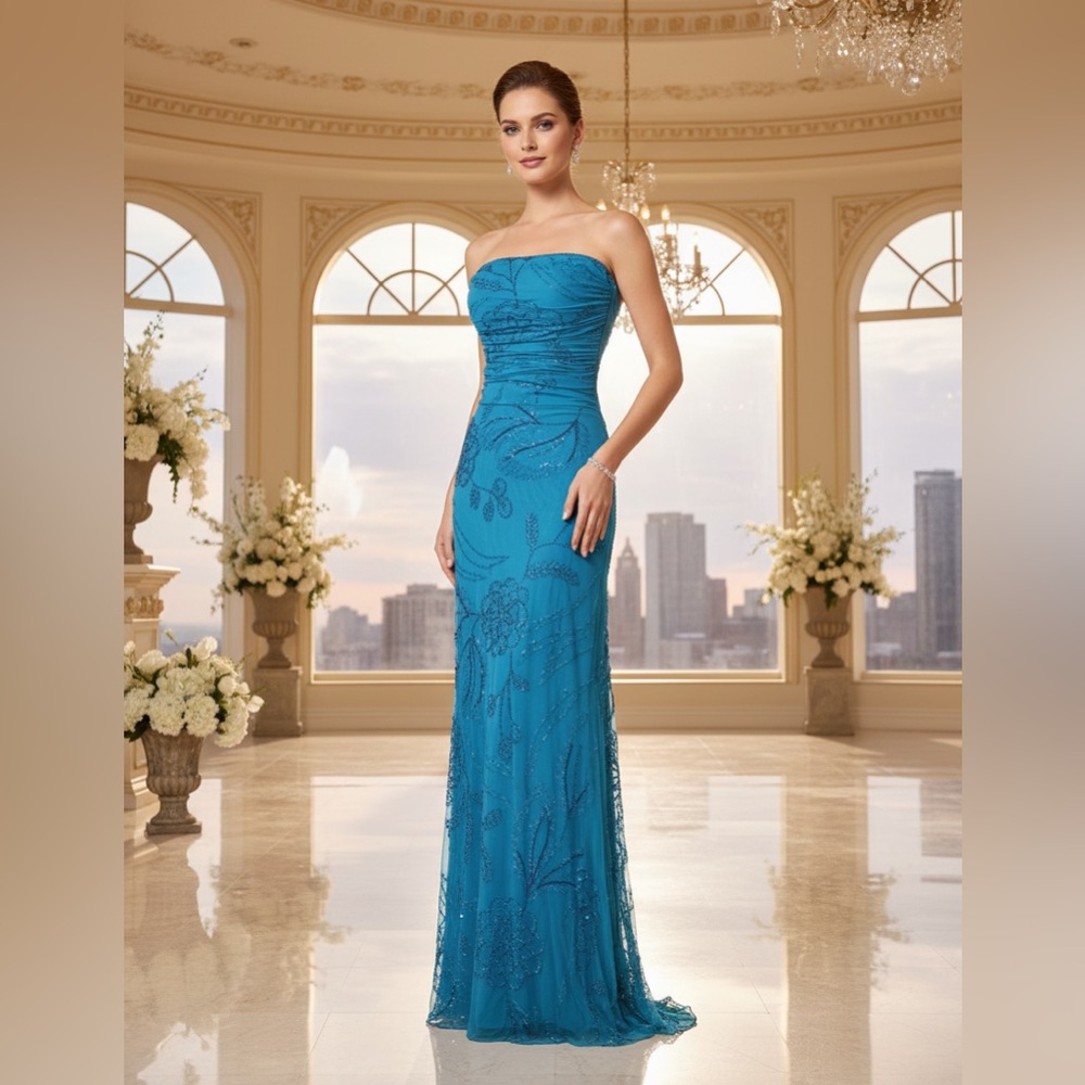 Elegant Strapless hand‎ beaded Blue Evening Gown
